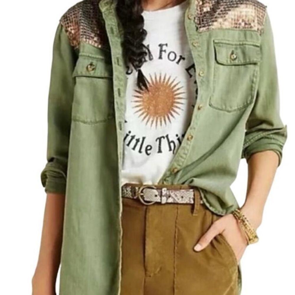 Anthropologie Olive Utility Jacket with Embellished Shoulders